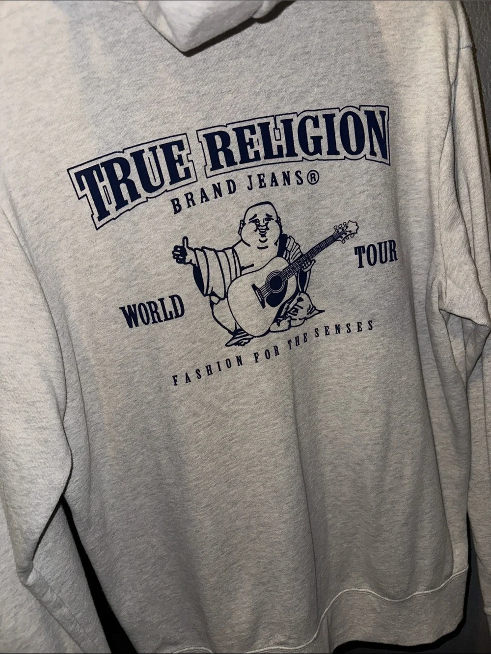 True Religion Heather Gray Zip Hoodie with Navy Horseshoe